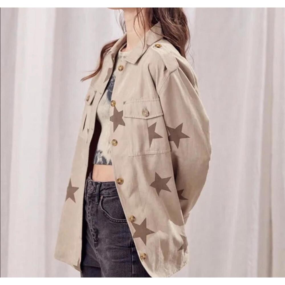 Stories Beige Star Print Button-Up Shirt Jacket